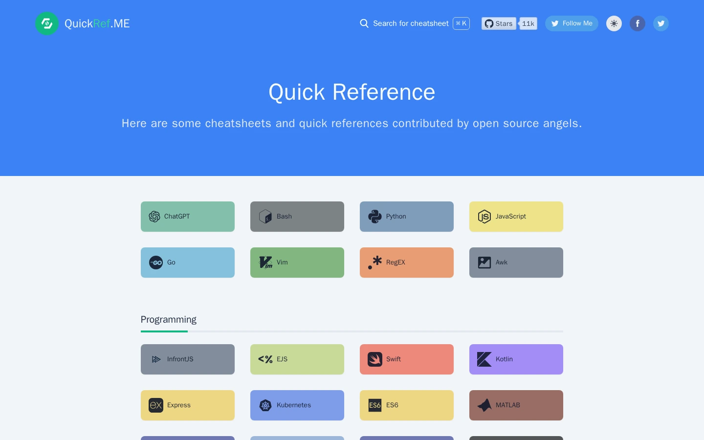 QuickRef.ME | 开发者速查表大全,编程语言命令行工具快速参考
