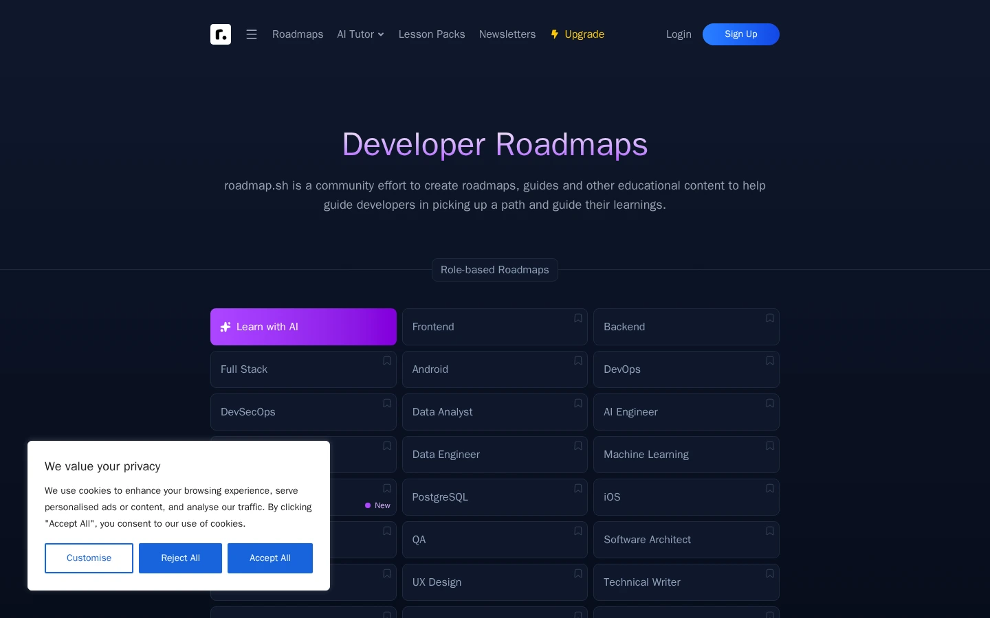 roadmap.sh | 开发者技术学习路线图,前端后端运维全栈成长指南